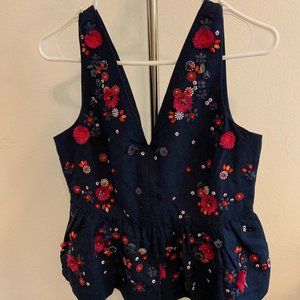 J Crew- Navy Hand embellished peplum top in cotton linen